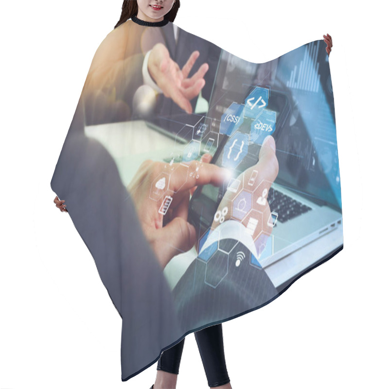 Personality  Coding Software Developer Work With Augmented Reality Dashboard Computer Icons Of Scrum Agile Development And Code Fork And Versioning With Responsive Cybersecurity.Business Team Meeting Present. Hair Cutting Cape