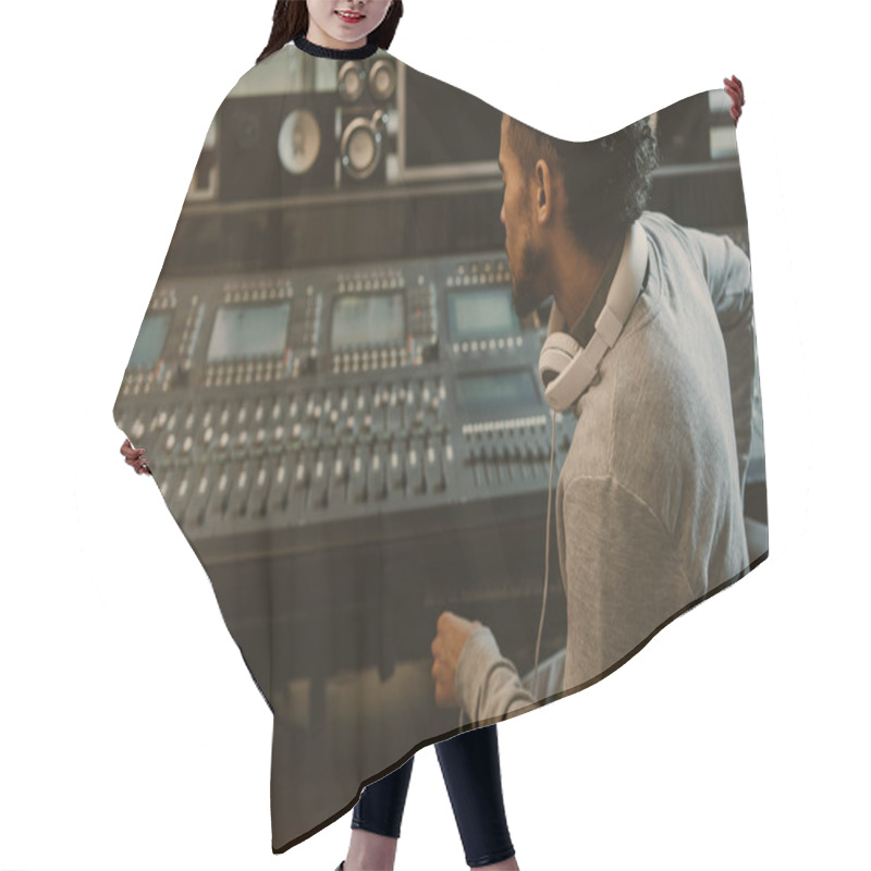 Personality  Sound Producer Sitting In Armchair And Looking At Graphic Equalizer Hair Cutting Cape