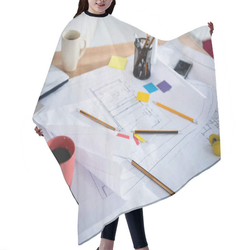 Personality  Blueprints And Office Supplies On Table  Hair Cutting Cape