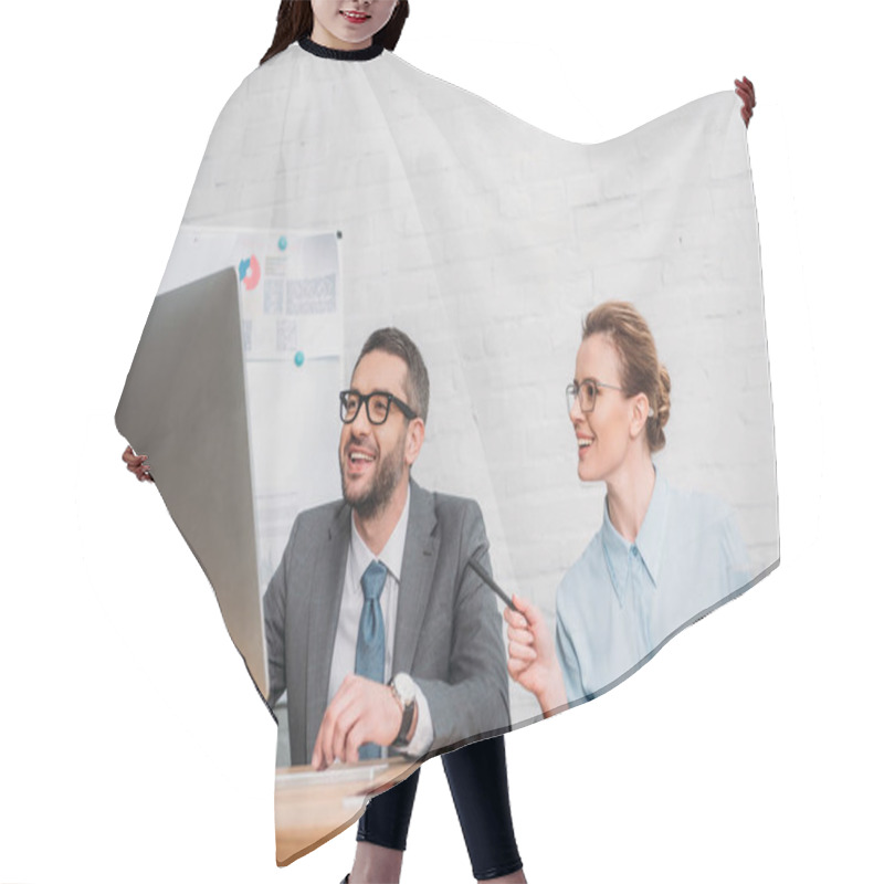 Personality  Laughing Happy Business Working With Computer Together At Modern Office Hair Cutting Cape