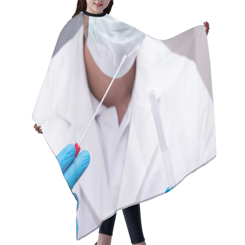 Personality  Male Doctor Wearing Blue Gloves Holding Cotton Swab And DNA Test Tube Hair Cutting Cape