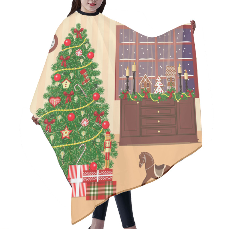 Personality  Christmas Decorated Room With Xmas Tree, Window, Toys Hair Cutting Cape