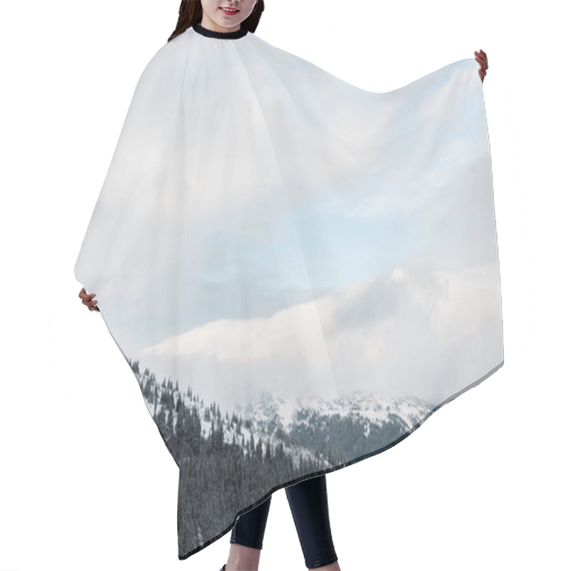 Personality  Scenic View Of Snowy Mountains With Pine Trees In White Fluffy Clouds Hair Cutting Cape