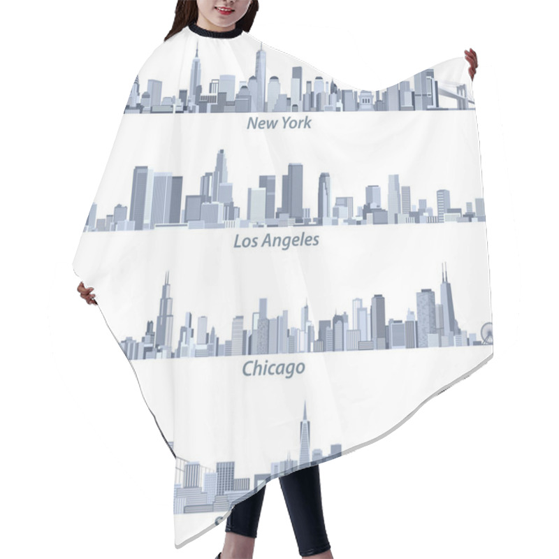 Personality  Abstract Vector Illustrations Of United States City Skylines (New York, Chicago, San Francisco And Los Angeles) In Tints Of Blue Color Palette With Map And Flag Of United States Hair Cutting Cape