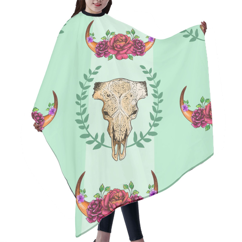 Personality  Cow Skull Seamless Pattern With Roses Hair Cutting Cape