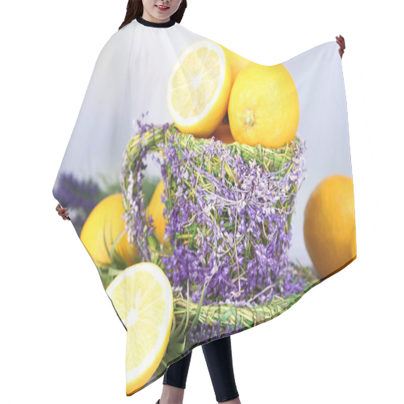 Personality  Still Life With Fresh Lemons And Lavender On Light Background Hair Cutting Cape