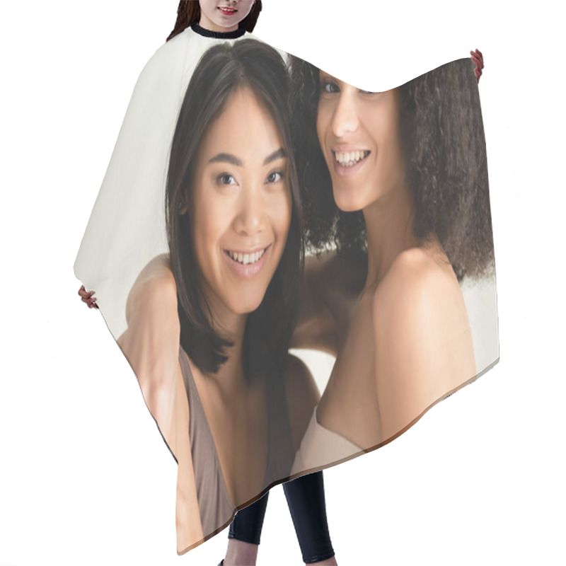 Personality  Smiling African American And Asian Women Looking At Camera Isolated On White Hair Cutting Cape