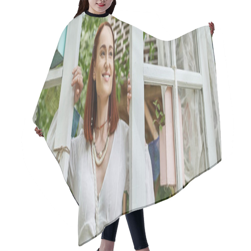 Personality  Joyful And Stylish Redhead Woman Standing Near Doors Outdoors In Retreat Center, Banner Hair Cutting Cape