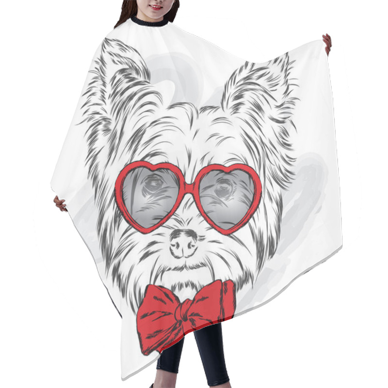 Personality  Cute Puppy Vector . York With Glasses And Tie . Hair Cutting Cape