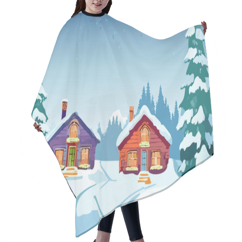 Personality  Winter Landscape With Snow Covered Fir Trees And Wooden Houses. Vector Illustration. Hair Cutting Cape