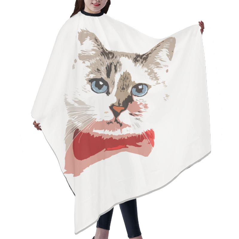 Personality  Illustration Blue-eyed Cat In A Red Bow Tie Hair Cutting Cape