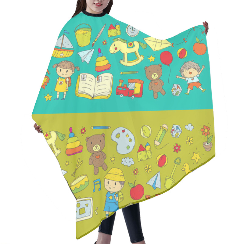 Personality  Kindergarten Nursery Preschool School Education With Children Doodle Pattern Kids Play And Study Boys And Girls Kids Drawing Icons Space, Adventure, Exploration, Imagination Concept Hair Cutting Cape