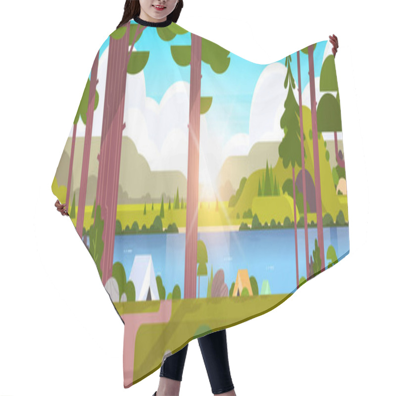 Personality  Tents Camping Area In Forest Summer Camp Concept Sunny Day Sunrise Landscape Nature Background With Water Mountains And Hills Flat Horizontal Hair Cutting Cape