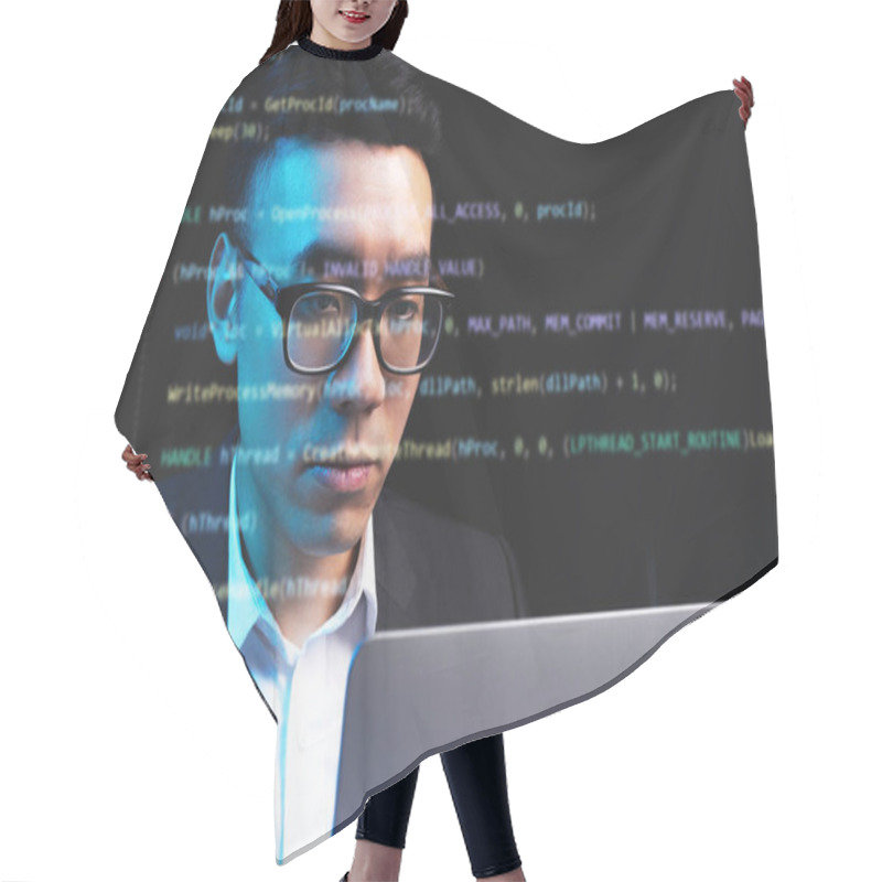 Personality  Asian Man Focusing On Programming With Lines Of Code Running On The Screen Hair Cutting Cape