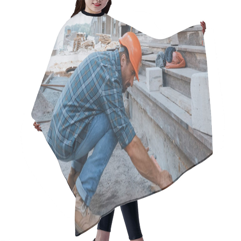 Personality  Builder In Hard Hat Holding Building Level On Construction Site Hair Cutting Cape