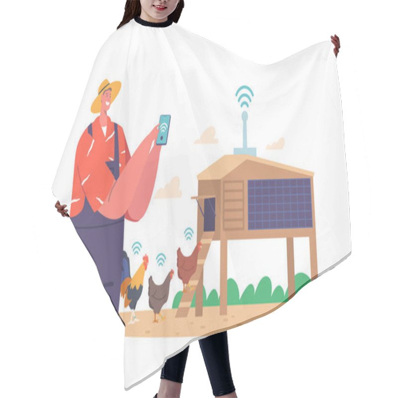 Personality  Farmer Character Control Chicken With Wifi On Smart Farm. Advanced Technology That Provides Real-time Monitoring Of Environmental Conditions, Optimize Productivity. Cartoon People Vector Illustration Hair Cutting Cape