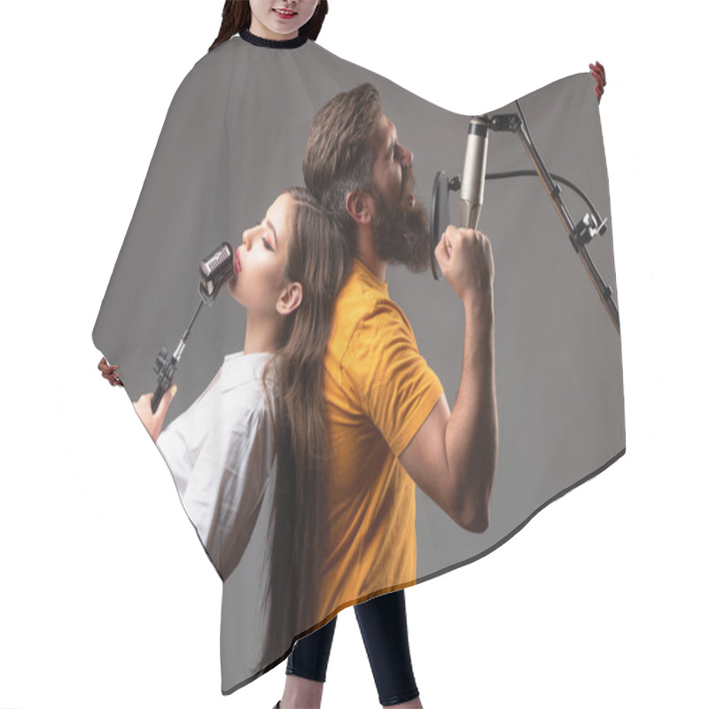 Personality  Boy And Girl With Excited Faces Enjoy Music. Couple In Recording Studio. Music Performance Vocal. Singer Singing Song With A Microphone. Hair Cutting Cape