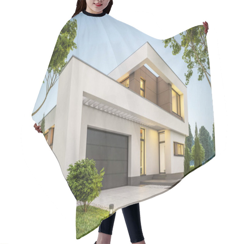 Personality  3d Rendering Of Modern House At Evening Hair Cutting Cape