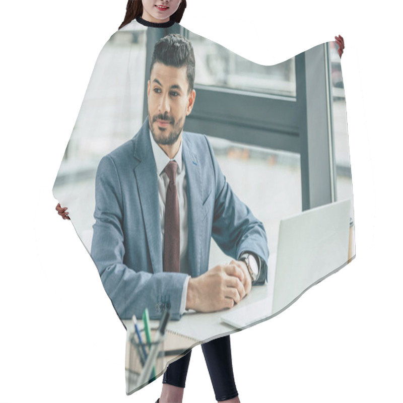 Personality  Smiling Businessman Looking Away While Sitting At Workplace Near Laptop Hair Cutting Cape