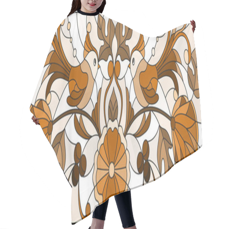 Personality  Illustration In Stained Glass Style With A Pair Of Abstract Birds , Flowers And Patterns  ,brown Tone  , Horizontal Image Hair Cutting Cape