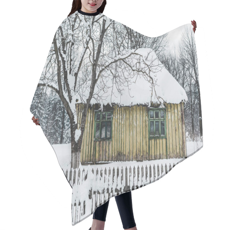 Personality  Old Weathered Wooden House With Fence Among Trees In Winter Hair Cutting Cape