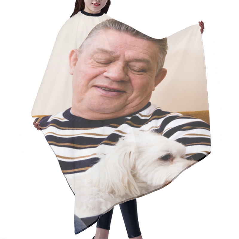 Personality  Grandfather Giving His Dog A Loving Look Hair Cutting Cape