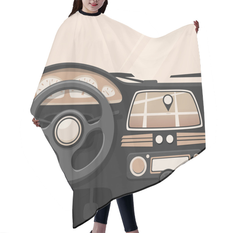 Personality  Vehicle Interior. Inside Car. Vector Cartoon Illustration Hair Cutting Cape