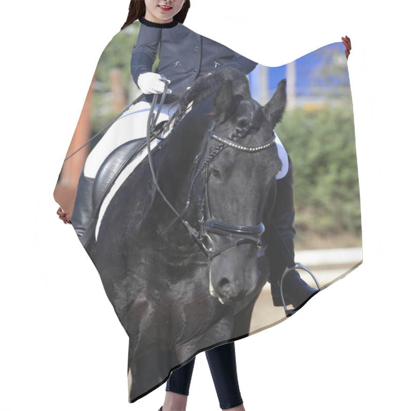 Personality  Unknown Contestant Rides At Dressage Horse Event In Riding Ground Hair Cutting Cape