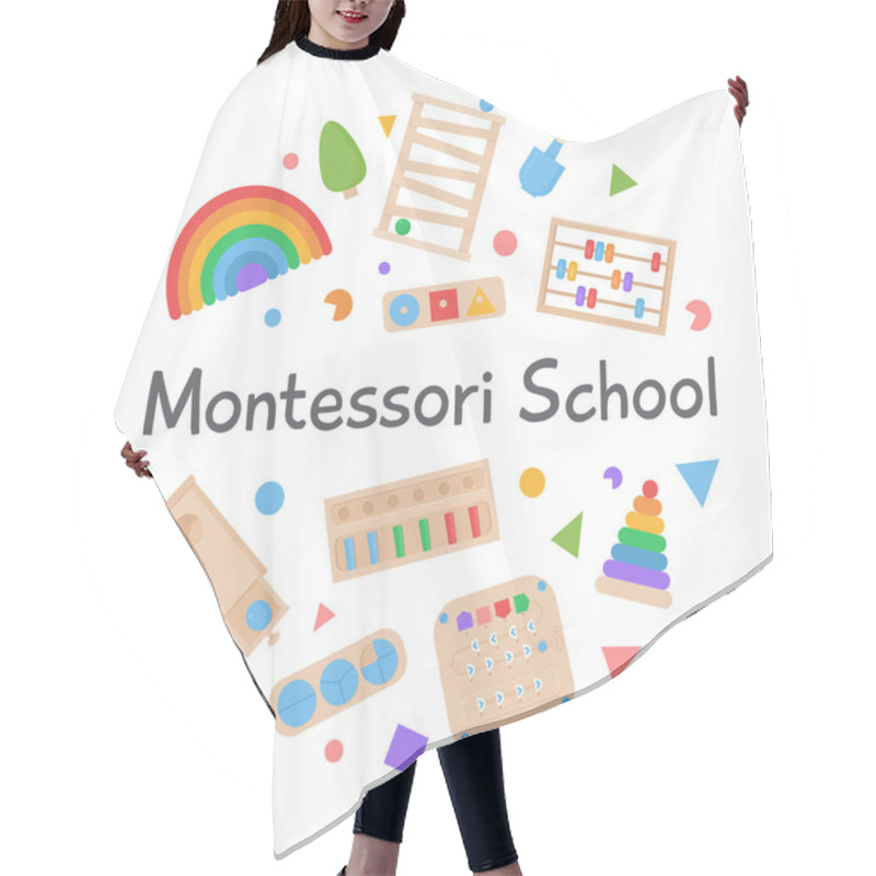 Personality  Vector Round Banner Of Children Wooden Eco Friendly Logic Toys And Busy Boards For Preschool Kids. Montessori School Or Kindergarten. Circle For Early Development Alternative Education.  Hair Cutting Cape