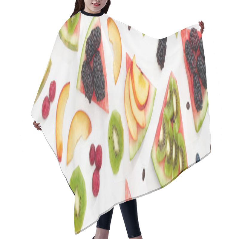 Personality  Panoramic Shot Of Watermelon On Sticks With Seasonal Berries And Fruits On White Background Hair Cutting Cape