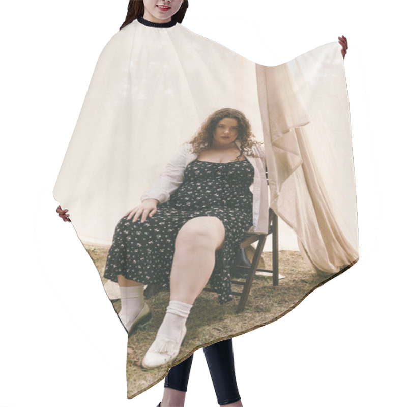 Personality  A Plus Size Woman In A Floral Dress Relaxes In A Tranquil Field Under Soft Sunlight. Hair Cutting Cape