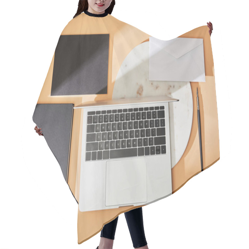 Personality  Top View Of Laptop On Marble Board, Black Notebooks, Envelope And Paintbrush On Beige Background Hair Cutting Cape