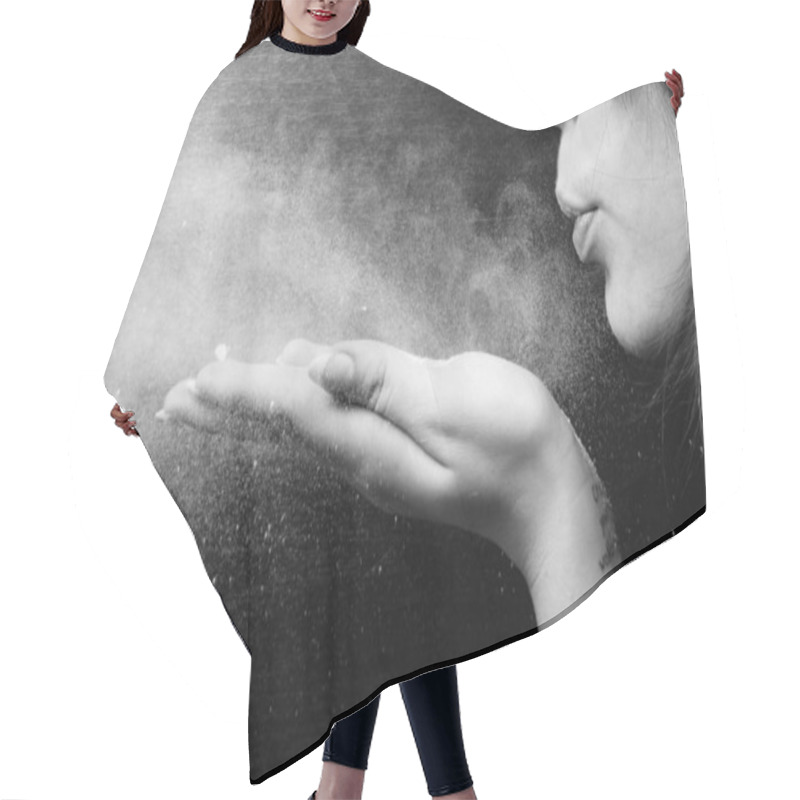 Personality  Woman Blowing White Powder On Black Background Hair Cutting Cape