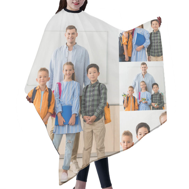 Personality  Collage Of Teacher And Multiethnic Pupils With Robots Looking At Camera In Stem School  Hair Cutting Cape