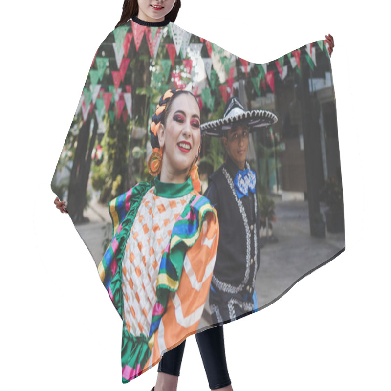 Personality  Latin Couple Of Dancers Wearing Traditional Mexican Dress From Guadalajara Jalisco Mexico Latin America, Young Hispanic Woman And Man In Independence Day Or Cinco De Mayo Parade Or Cultural Festival Hair Cutting Cape