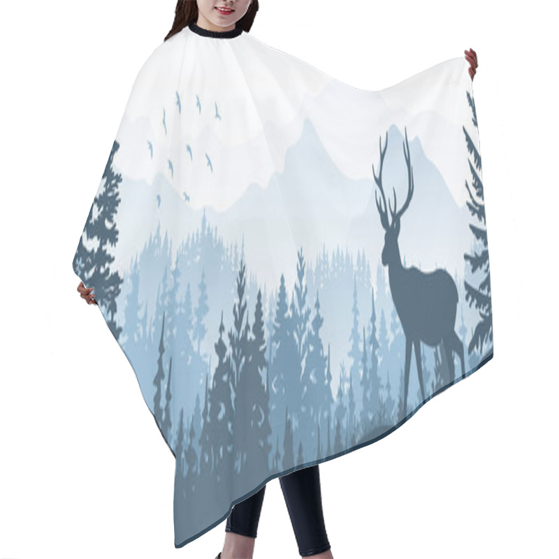 Personality  Horizontal Banner. Silhouette Of Deer Standing On Grass Hill. Mountains And Forest In The Background. Magical Misty Landscape, Trees, Animal. Blue Illustration, Bookmark. Hair Cutting Cape