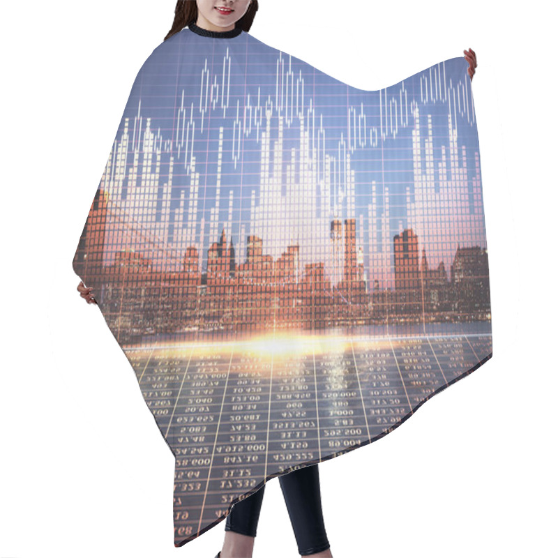 Personality  Financial Graph On Night City Scape With Tall Buildings Background Double Exposure. Analysis Concept. Hair Cutting Cape