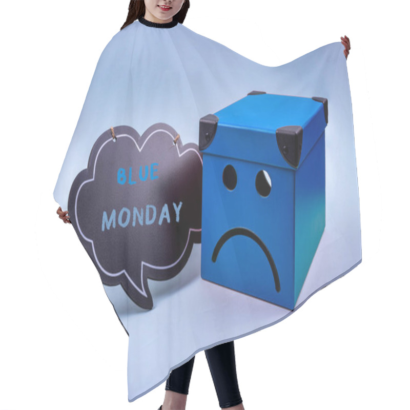 Personality  Blue Monday Concept. Sad Blue Box With Comic Cloud With Message. Hair Cutting Cape