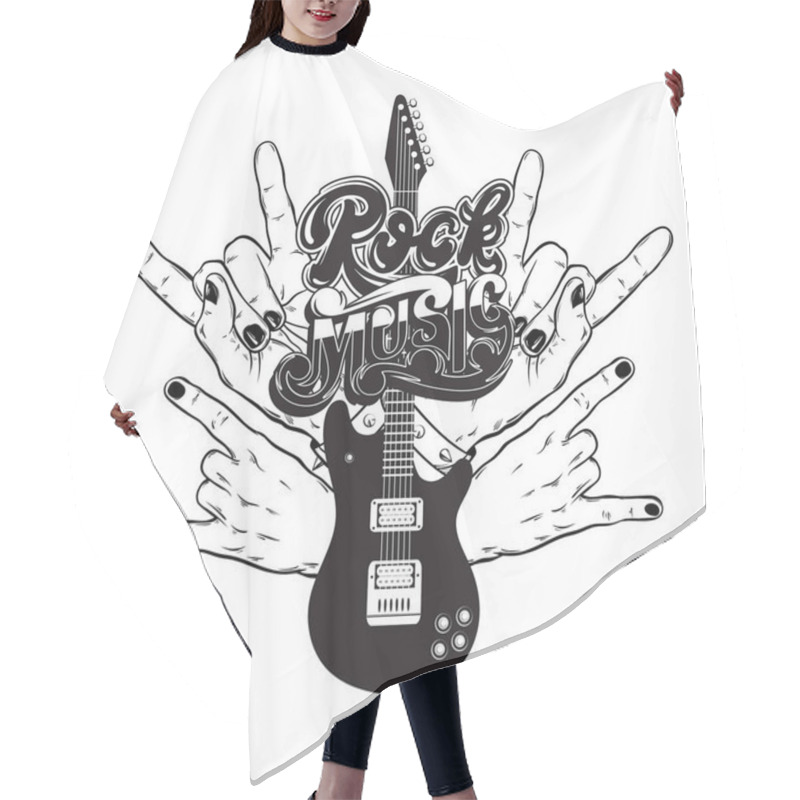 Personality  Vector Hand Drawn Illustration Of Guitar, Rock Hands  And Handwritten Lettering. Tattoo Artwork.  Template For Card, Poster, Banner, Print For T-shirt, Label. Hair Cutting Cape