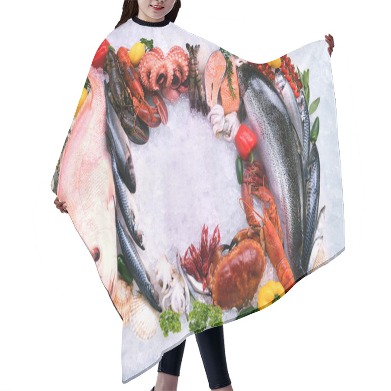 Personality  Top View Of Variety Of Fresh Fish And Seafood With Copy Space On Ice Hair Cutting Cape