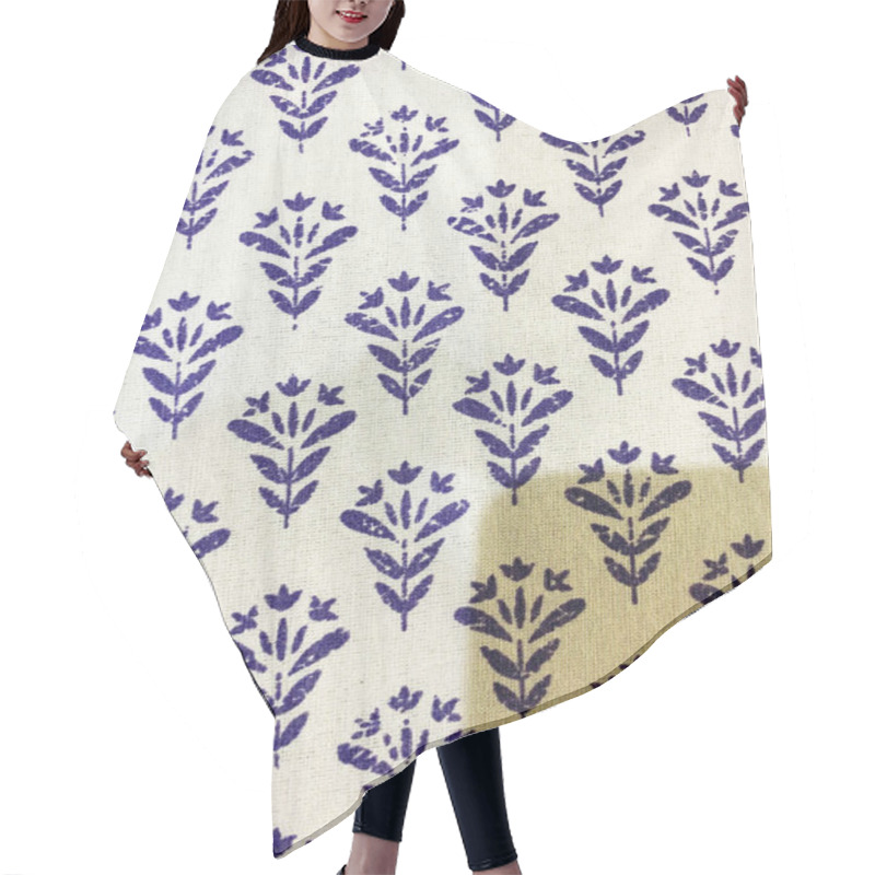 Personality  A Cream Cotton Fabric Features A Delicate Blue Floral Bunch Block Print, Exuding A Soft And Timeless Elegance. Hair Cutting Cape