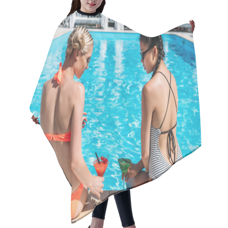 Personality  Multiethnic Women Near Swimming Pool Hair Cutting Cape