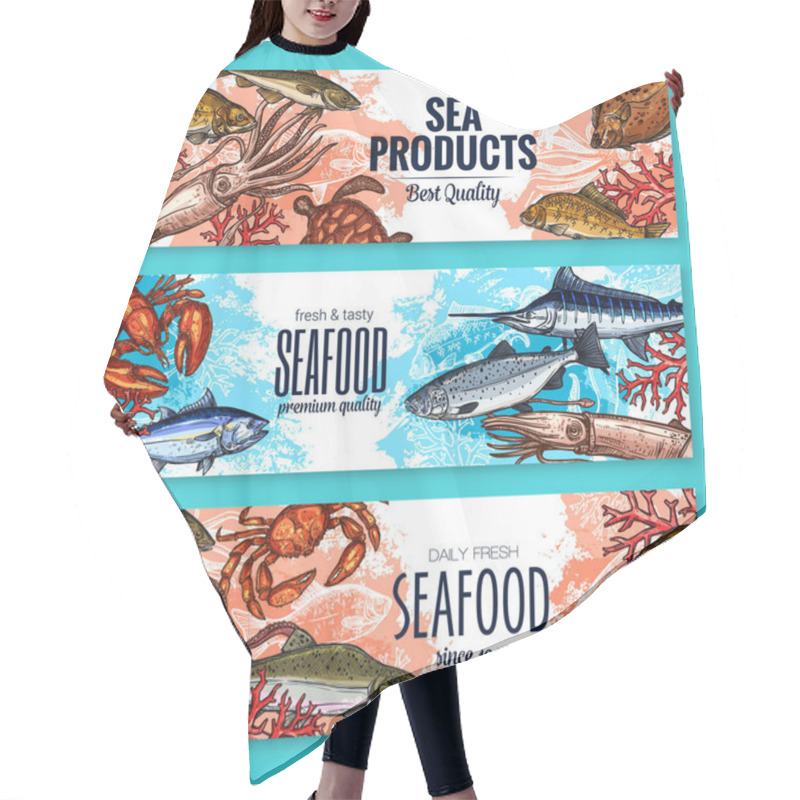 Personality  Vector Sketch Banners For Seafood Fish Food Market Hair Cutting Cape