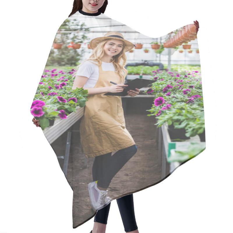 Personality  Female Gardener With Clipboard Filling Order Of Flowers In Greenhouse Hair Cutting Cape