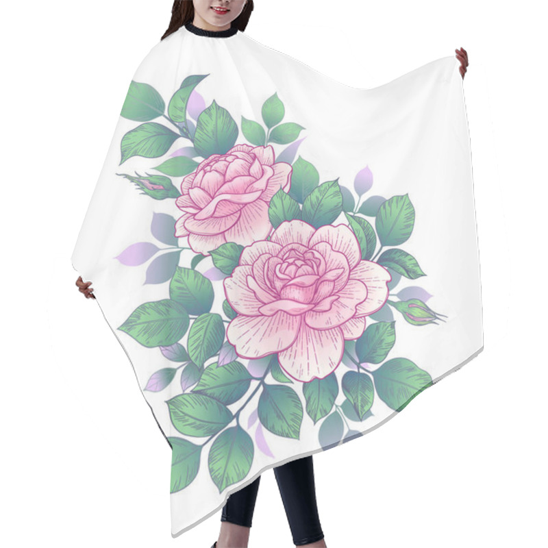 Personality  Hand Drawn Pink Rose Flower, Buds And Leaves Bunch Isolated On White. Vector Line Art Elegant Floral Composition In Vintage Style, T-shirt, Tattoo Design, Wedding Decoration. Hair Cutting Cape