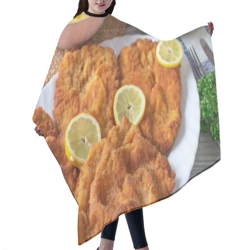 Personality  A Plate With Fresh Fried Pork Schnitzel Topped With Sliced Lemon On A Plate From Above Hair Cutting Cape