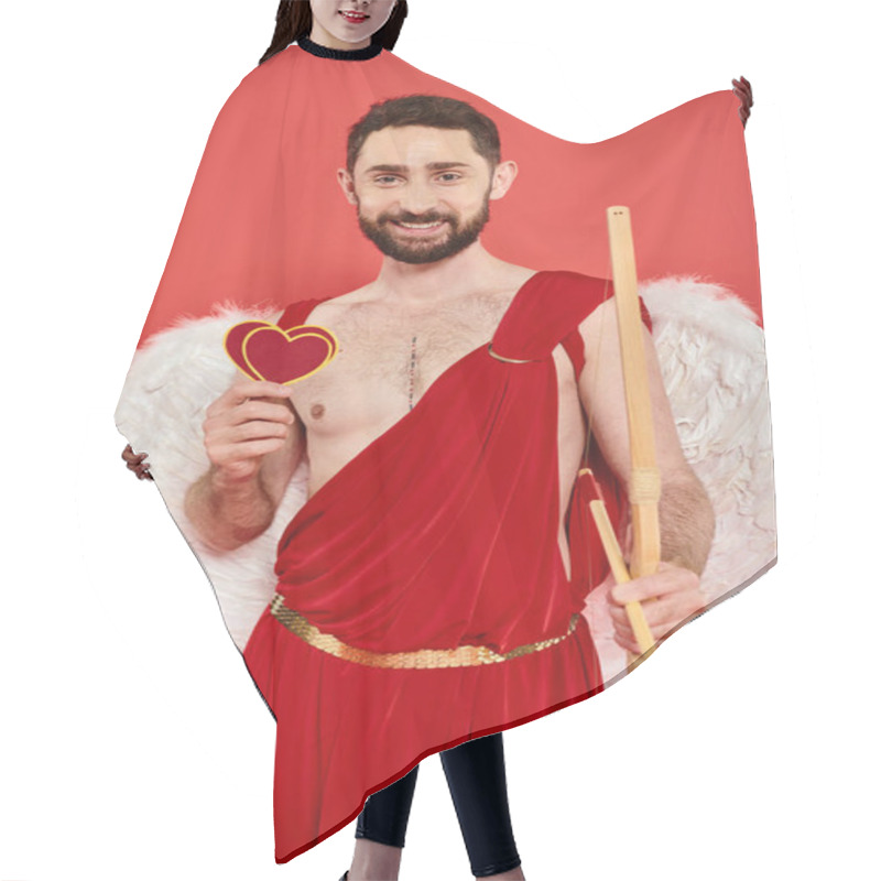 Personality  Happy Bearded Man In Cupid Costume With Paper Hearts And Bow With Arrow On Red, St Valentines Day Hair Cutting Cape