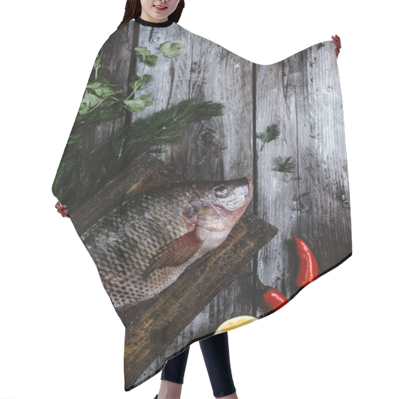 Personality  Top View Of Fresh Raw Sea Fish With Herbs And Chili Peppers On Rustic Wooden Table Hair Cutting Cape