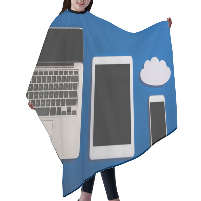 Personality  Top View Of Empty White Paper Cloud Near Laptop, Smartphone And Digital Tablet With Blank Screen Isolated On Blue Hair Cutting Cape