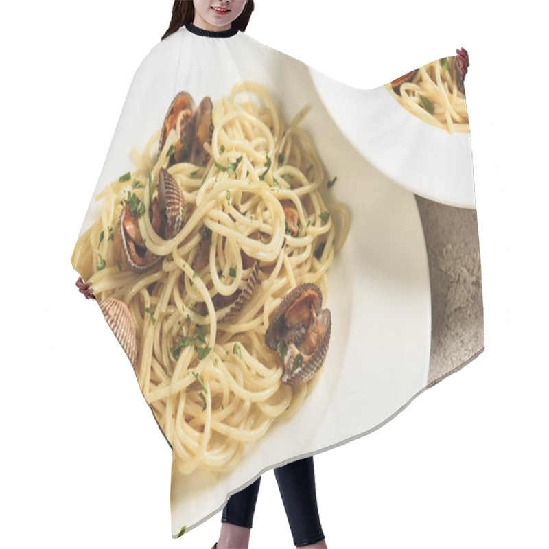 Personality  Close Up View Of Tasty Pasta With Seafood Served In Two White Plates Hair Cutting Cape